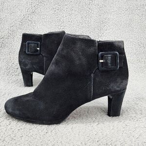 Rockport Womens Heel Ankle Boots 8.5 Black Suede Zip Buckle Comfort Office Shoes